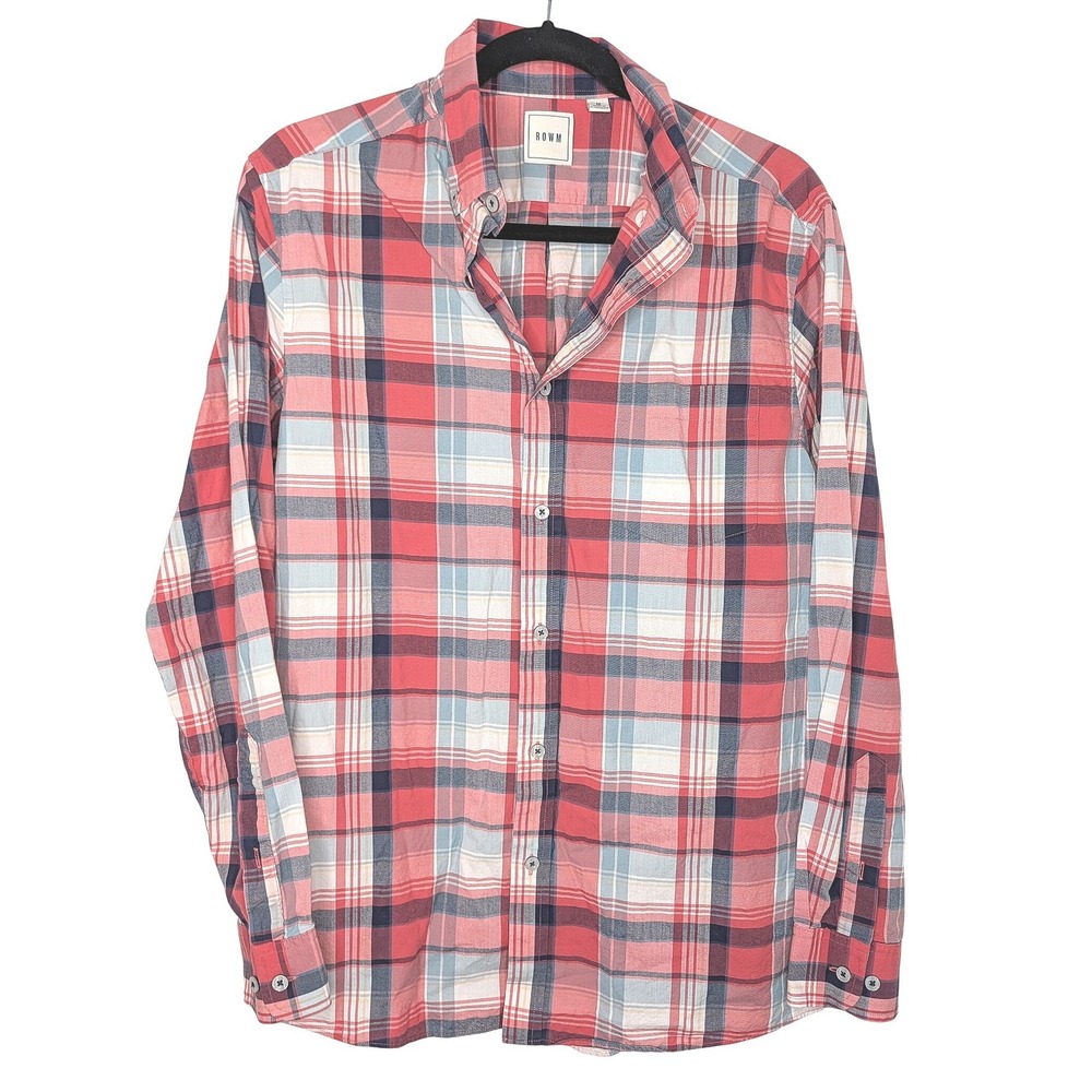 ROWM Button Down Shirt Mens Size Medium Red Blue Plaid Long Sleeve Casual